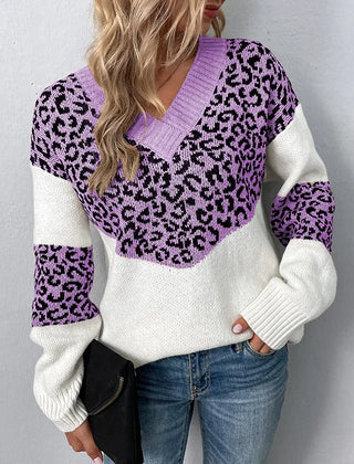Hailey V-neck leopard print sweater for women by Christine Brewer displayed on a model, featuring a stylish, cozy knit design.