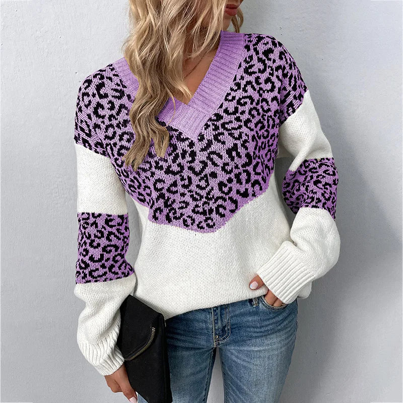 Hailey V-neck leopard print sweater for women by Christine Brewer displayed on a model, featuring a stylish, cozy knit design.