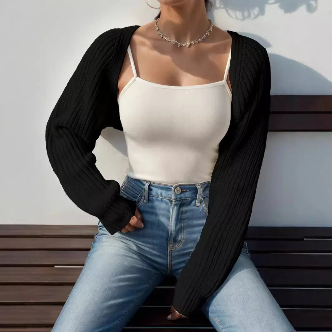 Lola | Cropped Cardigan Knit Shrug Bolero Ribbed Knit Raglan Sleeve Open Front Loose Fit