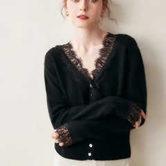 Elsa cashmere cardigan for women by Christine Brewer, soft beige sweater with button closure and ribbed cuffs.