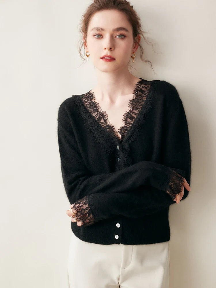 Elsa cashmere cardigan for women by Christine Brewer, soft beige sweater with button closure and ribbed cuffs.