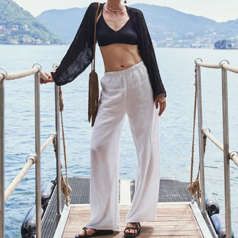 Women’s knit wide-leg drawstring trousers by Christine Brewer, loose pull-on pants with a relaxed fit and comfortable style.
