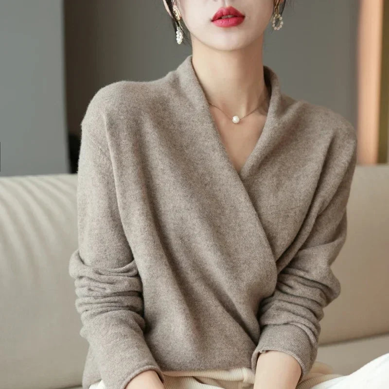 Christine Brewer Gwen cashmere V-neck sweater for women, soft knit fabric, stylish fit, and classic design, shown on a woman.