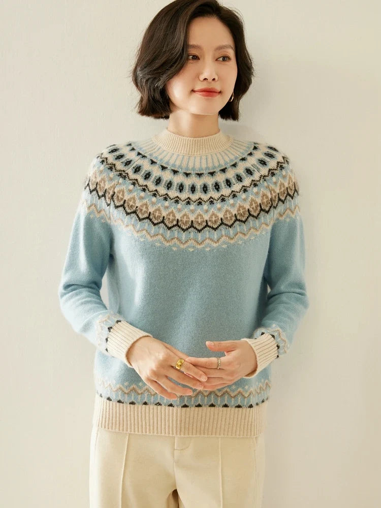 Christine Brewer Jolene cashmere mock neck sweater for women, soft beige knit with a fitted silhouette and ribbed collar.