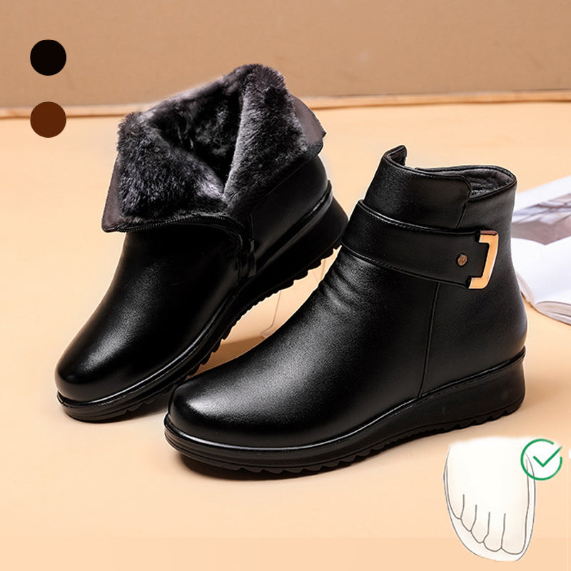 Lucy | Ankle Boots, Women, Side Zip, Buckle Strap, Vegan Leather, Stretch, Wide Width, Winter,
