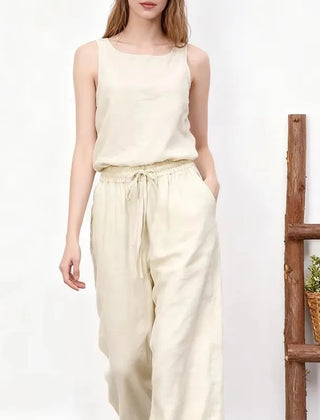 Women’s loose cotton linen wide-leg drawstring trousers by Christine Brewer, featuring a relaxed fit and pull-on style.