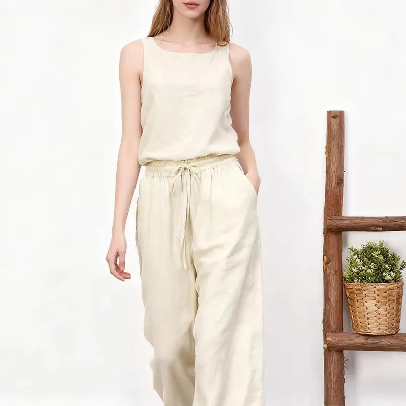 Women’s loose cotton linen wide-leg drawstring trousers by Christine Brewer, featuring a relaxed fit and pull-on style.