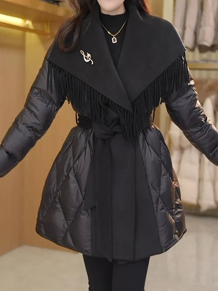 Christine Brewer Stella belted quilted puffer jacket for women, featuring a stylish quilted design and a waist belt for a flattering fit.