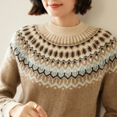 Christine Brewer Jolene cashmere mock neck sweater for women, soft beige knit with ribbed collar and long sleeves.