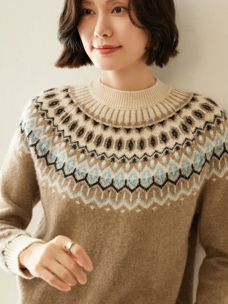 Christine Brewer Jolene cashmere mock neck sweater for women, soft beige knit with ribbed collar and long sleeves.