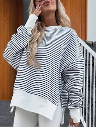 Christine Brewer Haven striped women's sweatshirt with a relaxed fit, featuring bold horizontal stripes in various colors.