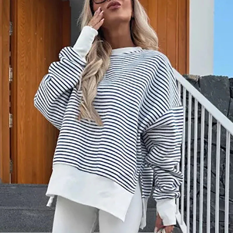 Christine Brewer Haven striped women's sweatshirt with a relaxed fit, featuring bold horizontal stripes in various colors.