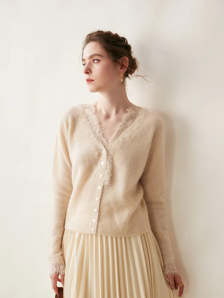 Elsa cashmere cardigan for women by Christine Brewer, soft and cozy, shown in a neutral color on a model.