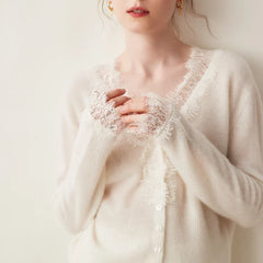 Elsa cashmere cardigan for women by Christine Brewer, soft beige knit with front buttons and long sleeves, cozy and stylish.