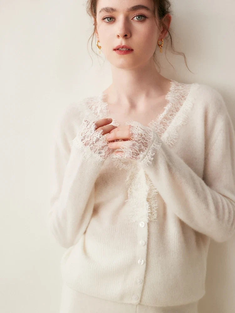 Elsa cashmere cardigan for women by Christine Brewer, soft beige knit with front buttons and long sleeves, cozy and stylish.