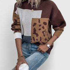Heather leopard print graphic sweater for women by Christine Brewer, featuring a cozy knit fabric and stylish animal print design.
