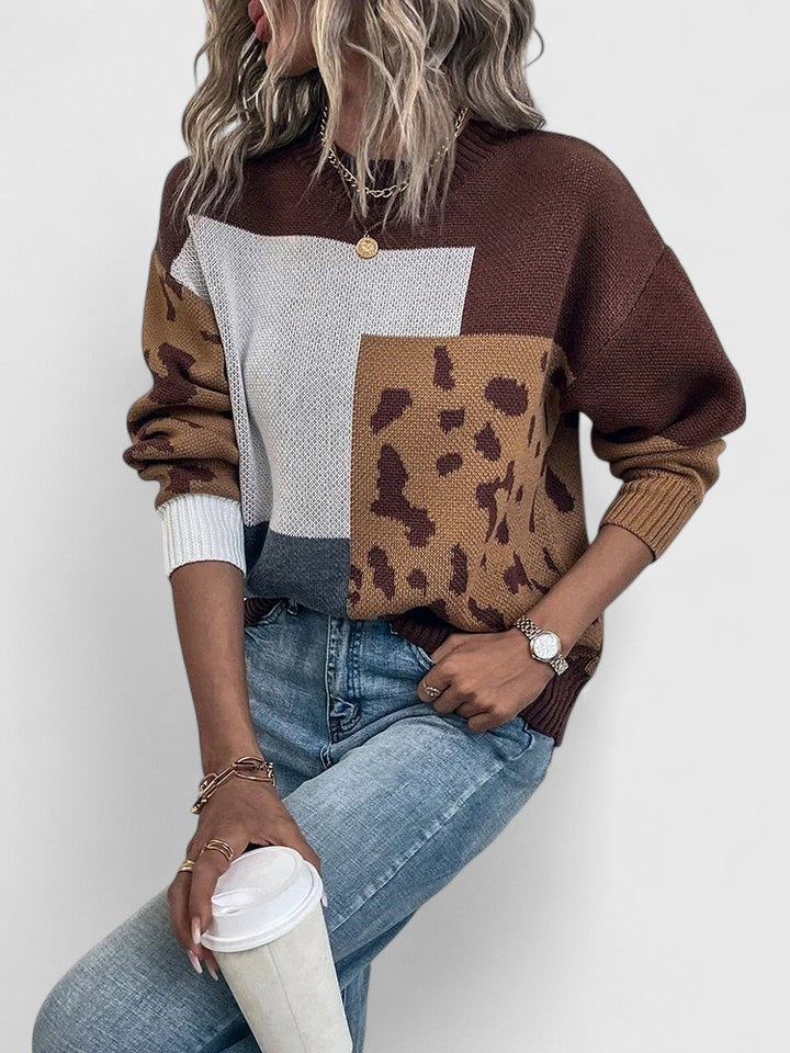 Heather leopard print graphic sweater for women by Christine Brewer, featuring a cozy knit fabric and stylish animal print design.