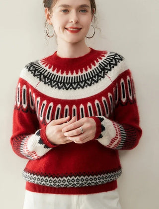 Woman wearing Christine Brewer Emory cashmere crew neck sweater, showcasing soft, luxurious knit fabric and classic fit.