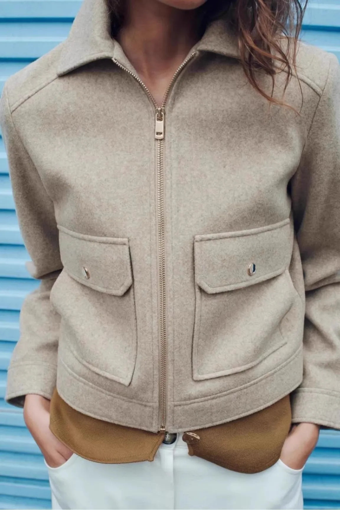 Women's Isla cropped zip-up utility jacket by Christine Brewer, featuring functional pockets and a stylish cropped fit.