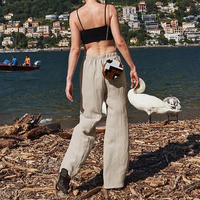 Women’s knit wide-leg drawstring trousers by Christine Brewer, featuring a loose, pull-on style with a relaxed fit and comfortable waistband.