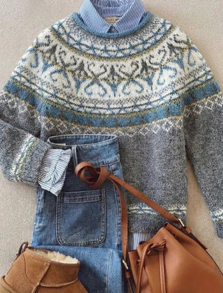 Vivienne Nordic sweater for women by Christine Brewer, featuring a cozy knit pattern in neutral tones.