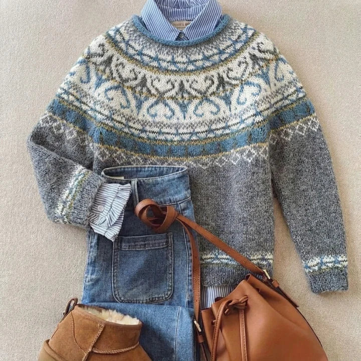 Vivienne Nordic sweater for women by Christine Brewer, featuring a cozy knit pattern in neutral tones.