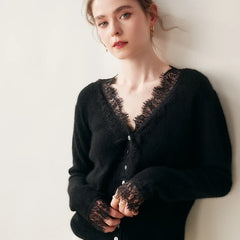 Elsa cashmere cardigan for women by Christine Brewer, soft beige knit sweater with button closure and relaxed fit.