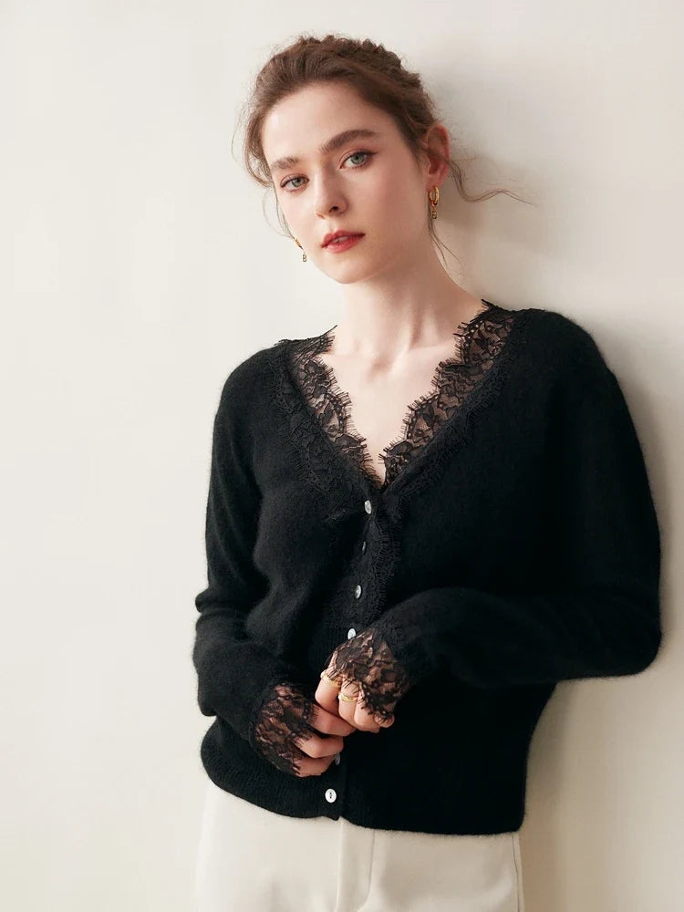 Elsa cashmere cardigan for women by Christine Brewer, soft beige knit sweater with button closure and relaxed fit.