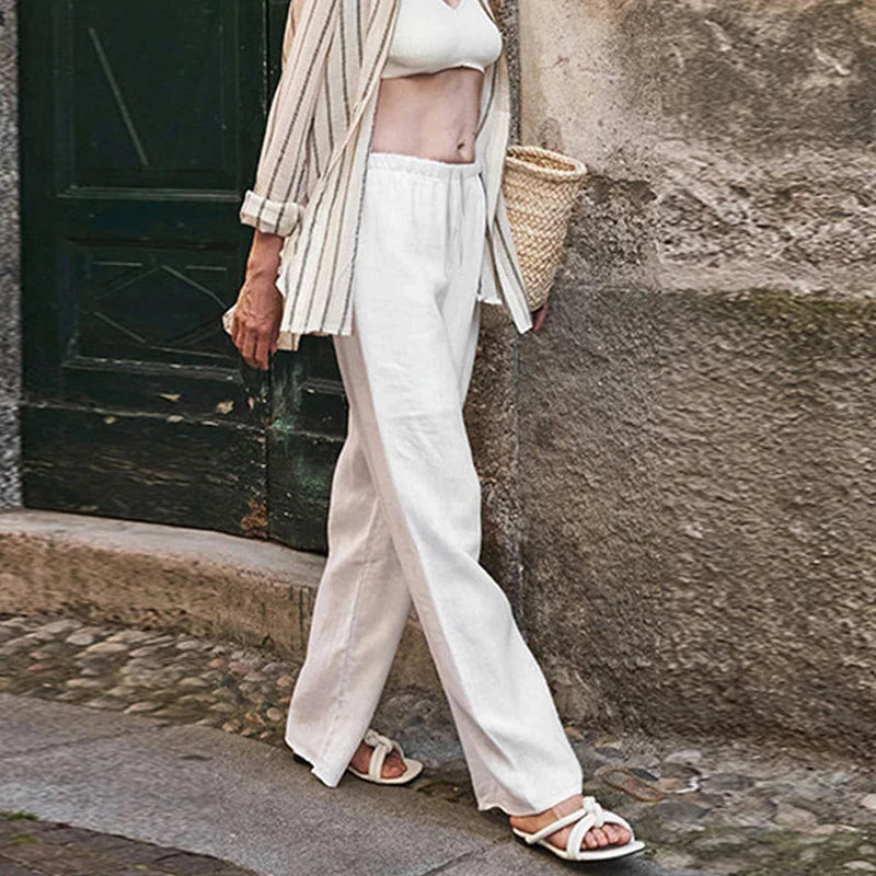 Knit wide-leg drawstring trousers for women by Christine Brewer, featuring a loose, pull-on design and comfortable fit.
