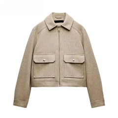 Women's Isla cropped zip-up utility jacket by Christine Brewer, shown in a stylish design with functional utility features.