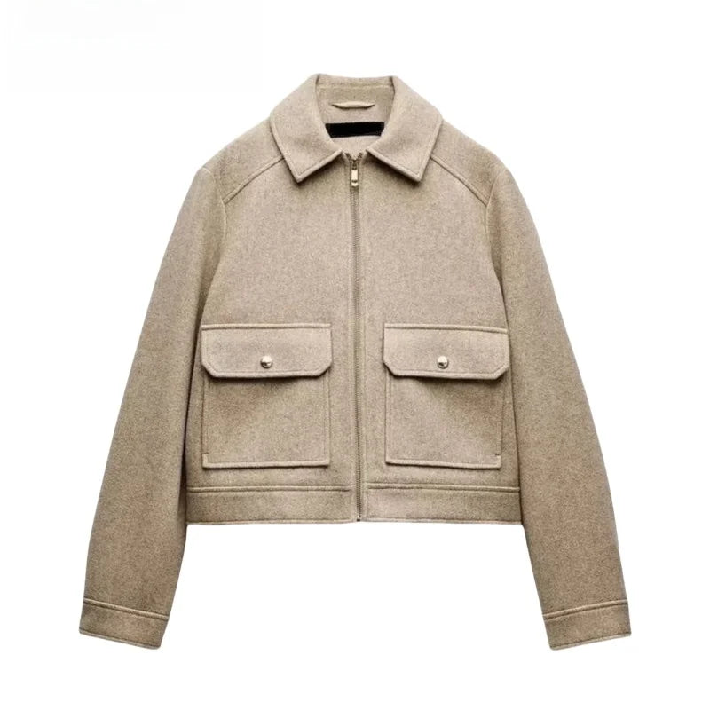 Women's Isla cropped zip-up utility jacket by Christine Brewer, shown in a stylish design with functional utility features.