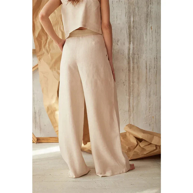 Women’s knit wide-leg elastic-waist trousers by Christine Brewer, loose pull-on pants with a relaxed fit and soft fabric.