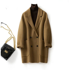 Brown double-breasted wool coat for women by Christine Brewer, featuring classic tailoring and stylish design.