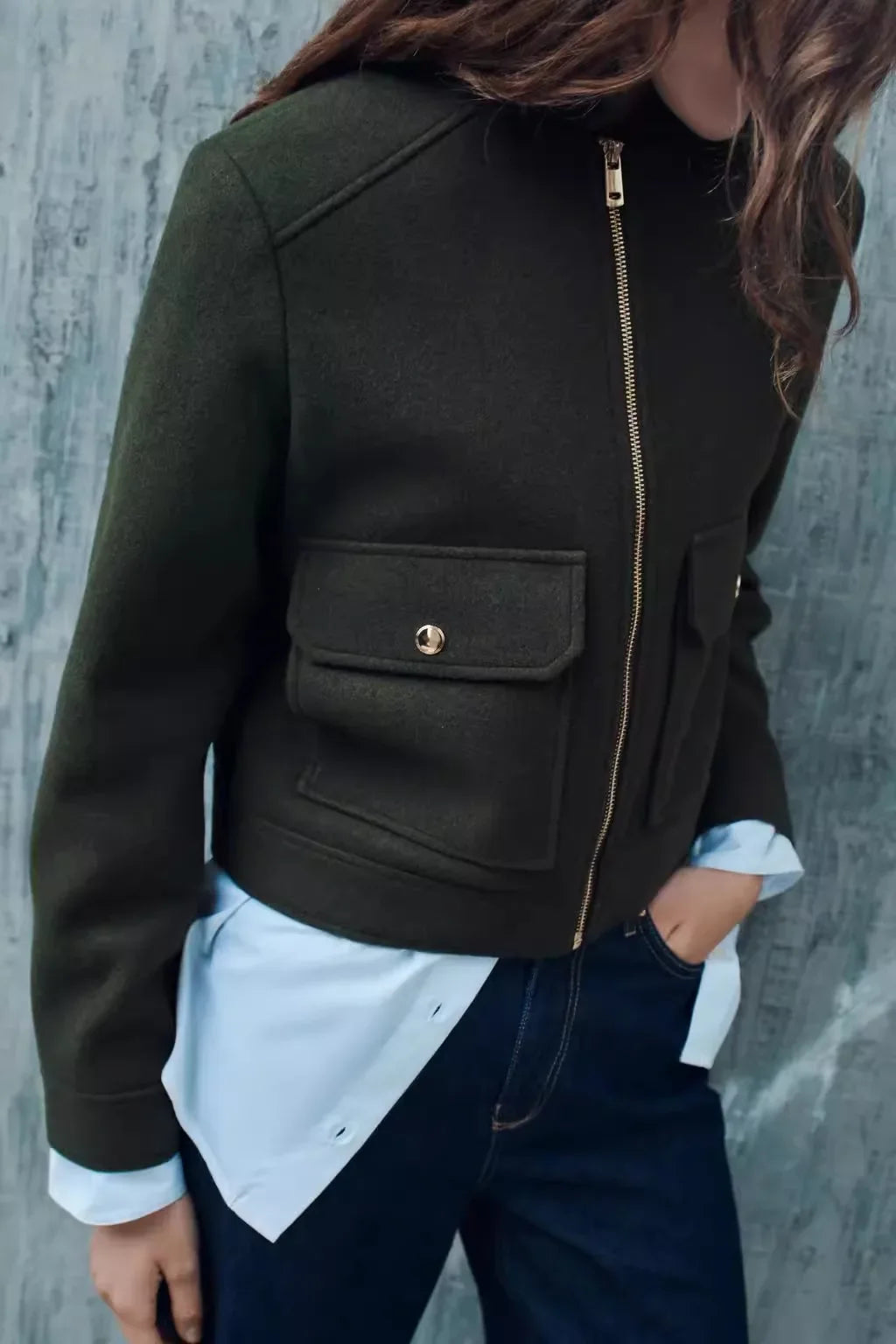 Christine Brewer Isla cropped zip-up utility jacket for women, featuring multiple pockets and a modern, stylish design.