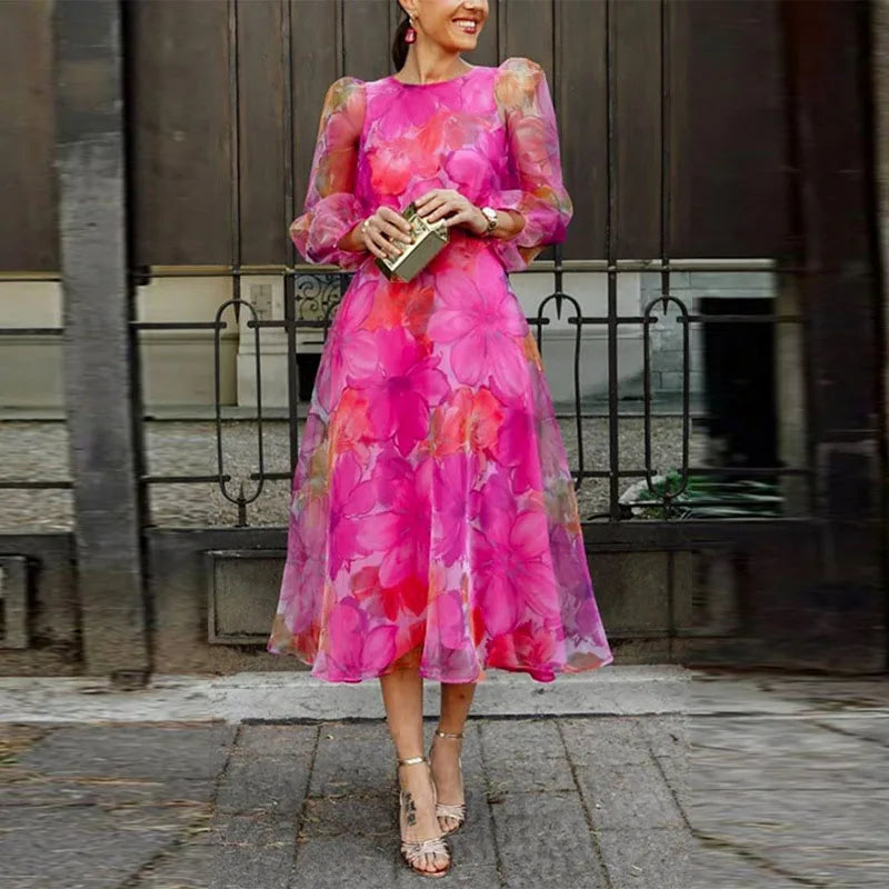 Blair | Wedding Guest Dress Midi Dress Women Floral Long Sleeve Formal Sheer Sleeve Garden