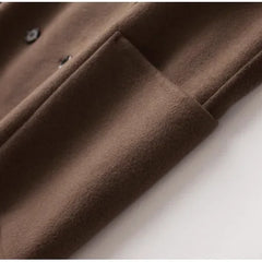 Brown double-breasted wool coat for women by Christine Brewer, featuring a tailored fit and classic design.