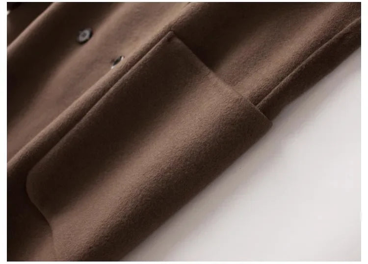 Brown double-breasted wool coat for women by Christine Brewer, featuring a tailored fit and classic design.