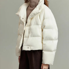 Hannah cropped quilted parka for women by Christine Brewer, featuring a stylish quilted design and a cropped length.