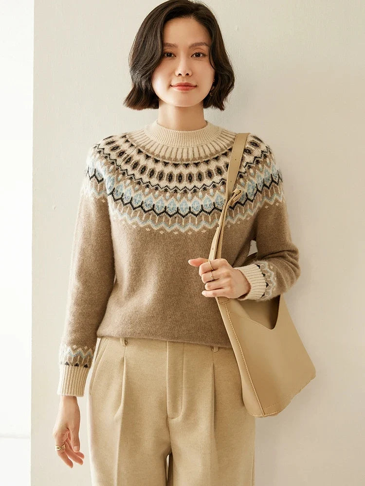 Cream-colored Christine Brewer Jolene cashmere mock neck sweater for women, featuring a cozy fit and soft texture.