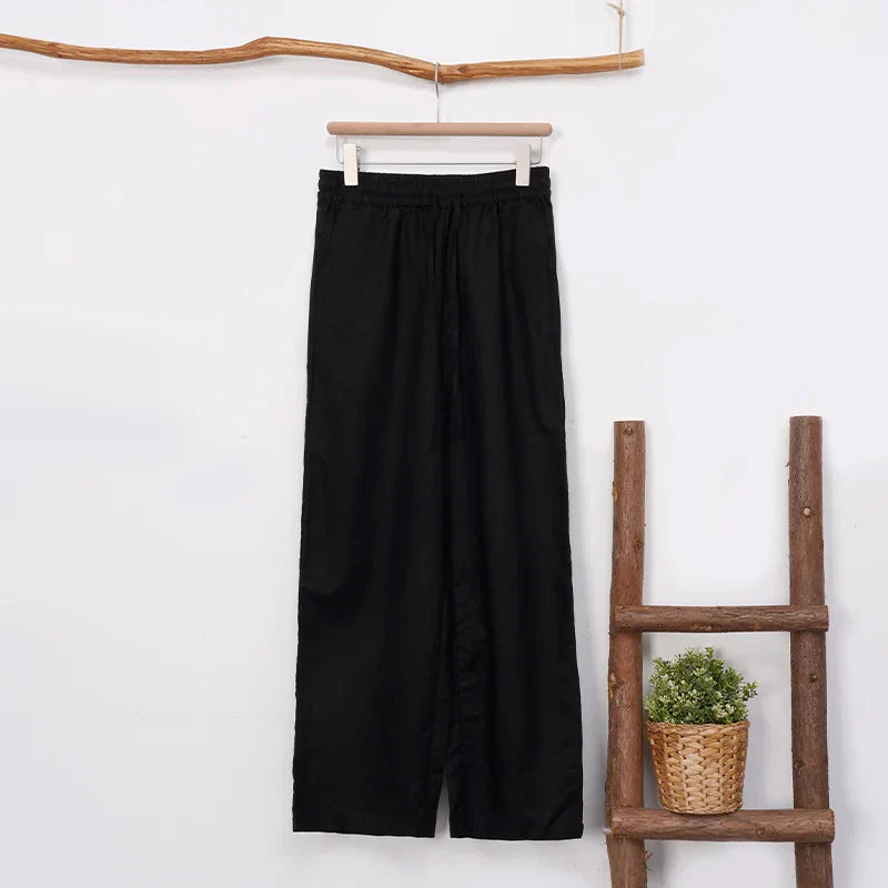 Women’s cotton linen wide leg drawstring trousers by Christine Brewer, loose pull-on pants with a relaxed fit and comfortable style.