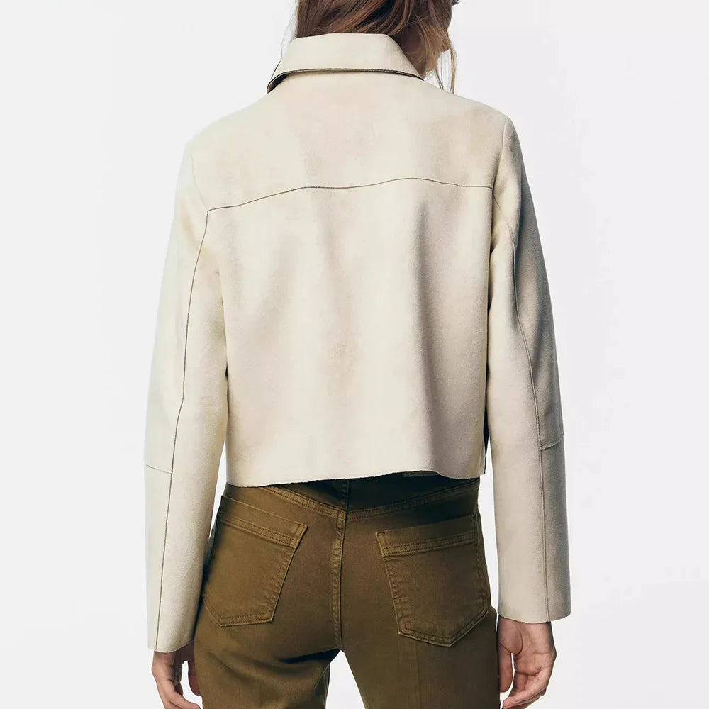 Hazel faux suede cropped women's jacket by Christine Brewer, featuring a stylish short jacket with a smooth suede texture.