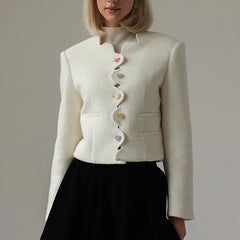 Everleigh cropped button-front women's jacket by Christine Brewer, featuring a stylish design and front button closure.