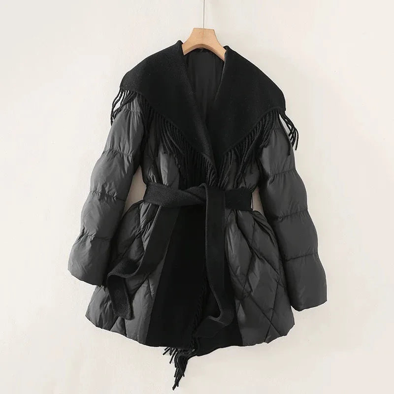 Christine Brewer Stella belted quilted puffer jacket for women, featuring a stylish quilted design and waist belt.