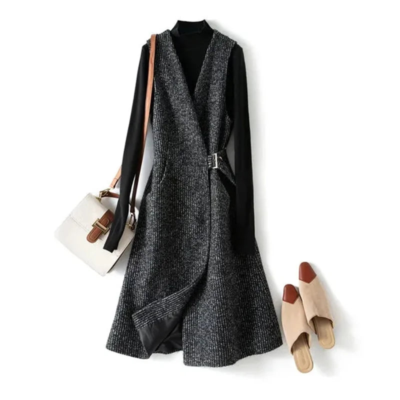 Longline belted tweed coat for women by Christine Brewer, featuring a classic textured design and tailored fit.