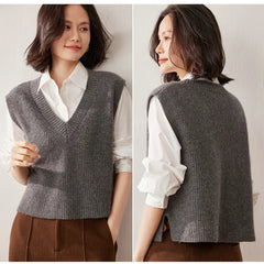 Cream-colored Christine Brewer Etta cashmere ribbed knit sweater vest for women, showcasing a close-up of the textured fabric.