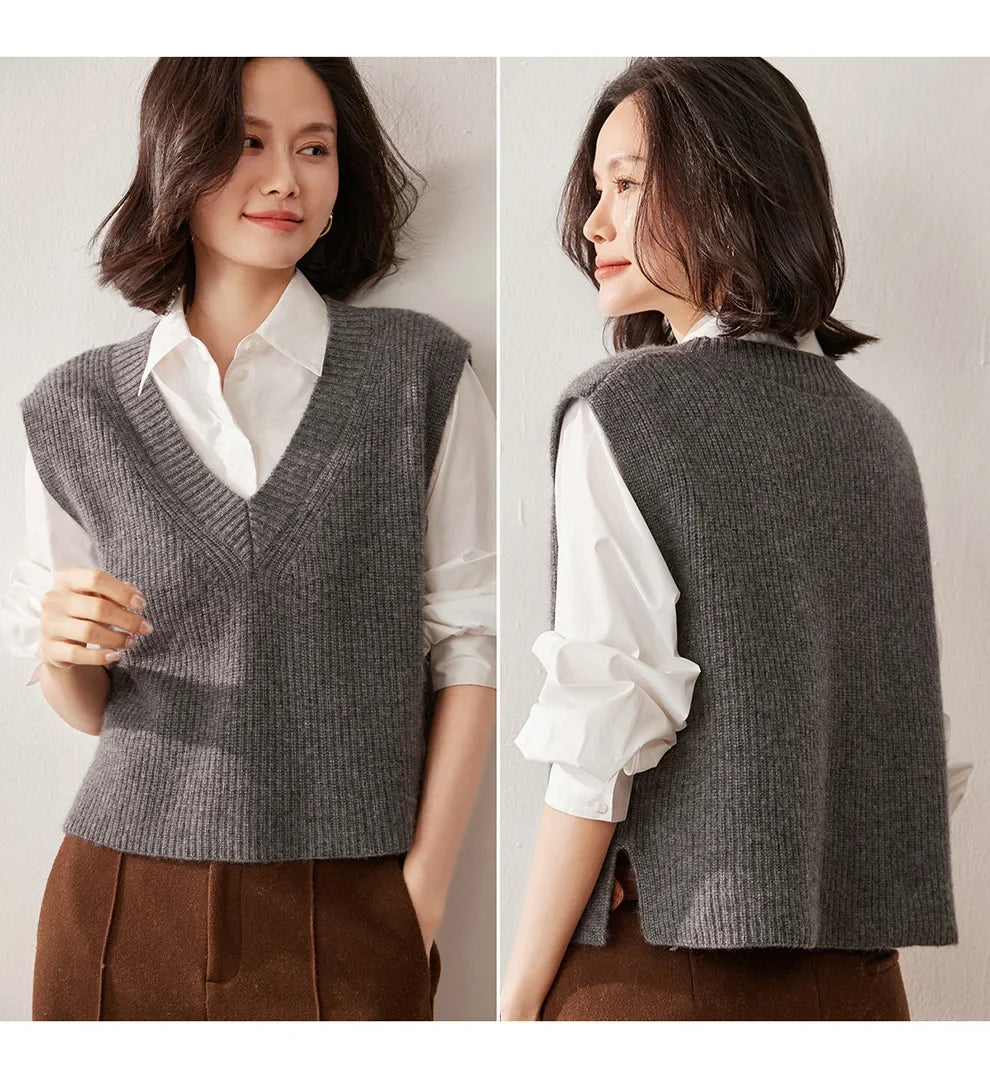Cream-colored Christine Brewer Etta cashmere ribbed knit sweater vest for women, showcasing a close-up of the textured fabric.