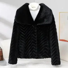 Christine Brewer Nova short faux fur coat for women, shown in black, with plush, soft faux fur exterior and stylish collar.