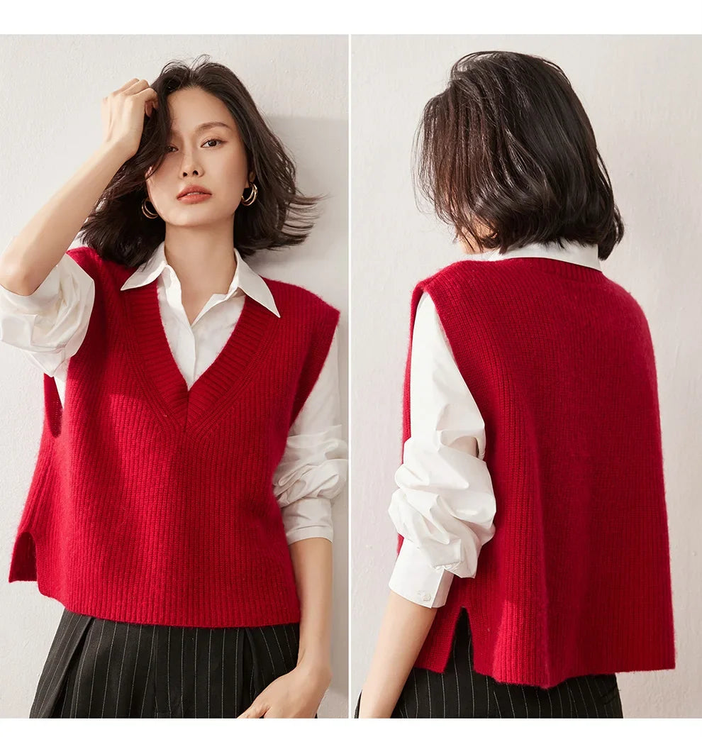 Christine Brewer Etta cashmere ribbed knit sweater vest for women, featuring a cozy, stylish design with ribbed texture.