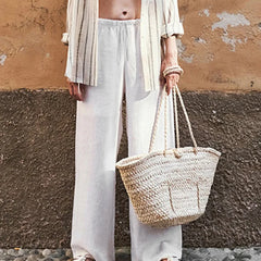 Christine Brewer knit wide-leg drawstring trousers for women, loose pull-on pants with a relaxed fit and comfortable waistband.