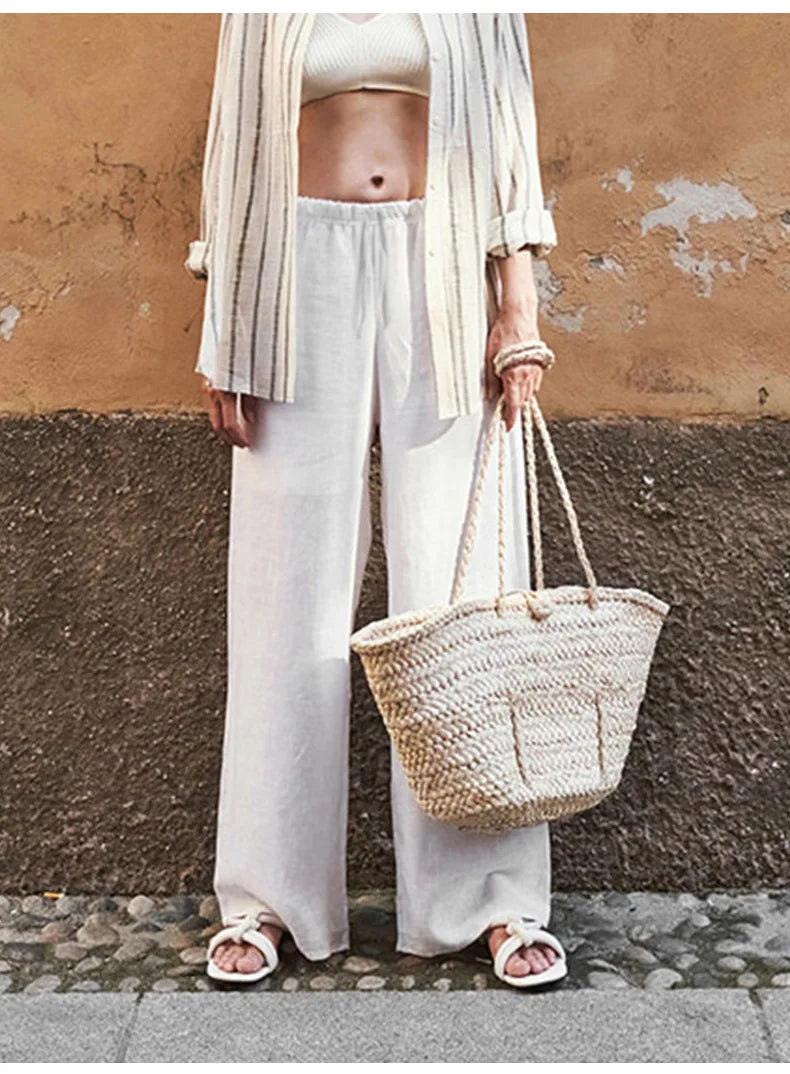 Christine Brewer knit wide-leg drawstring trousers for women, loose pull-on pants with a relaxed fit and comfortable waistband.